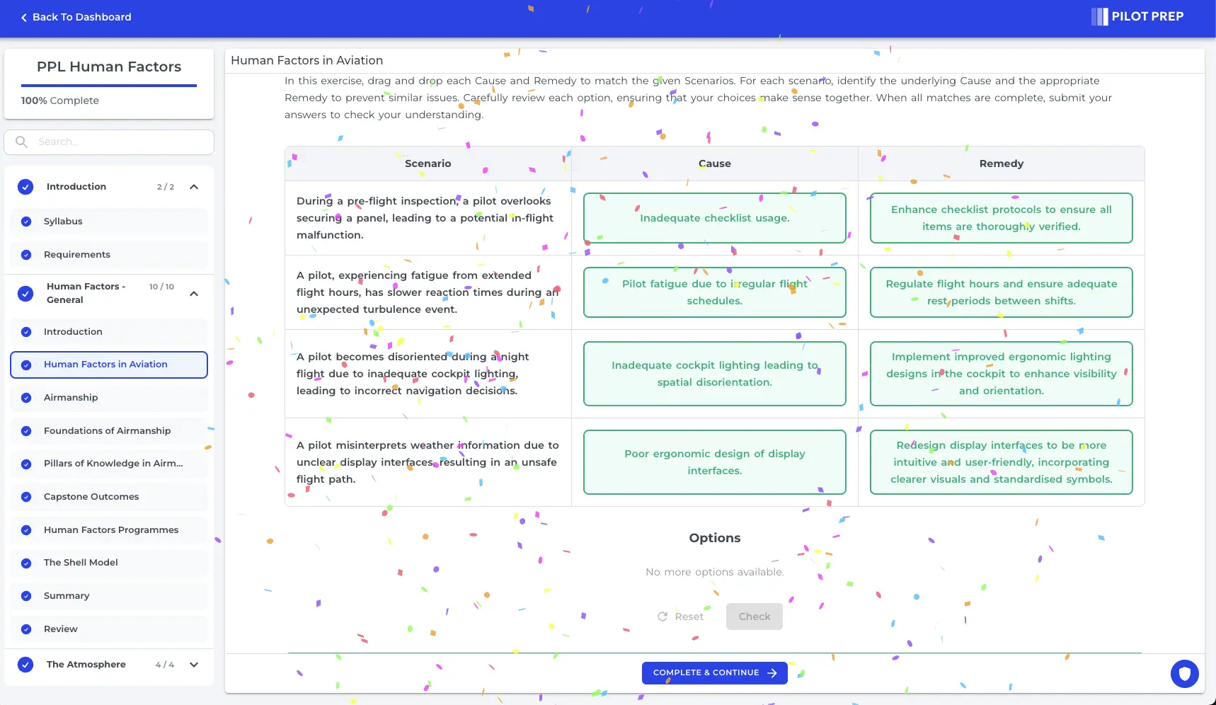 Explained quiz feedback in the Pilot Prep course player